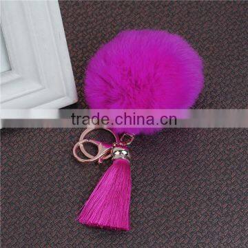Fashion Keychain Gold Plated Fuchsia Angora Pom Pom Ball Rayon Tassel Key Chain photo-2