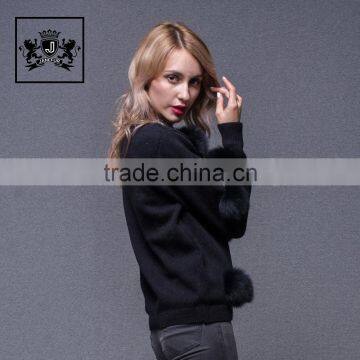 Beautiful and lovely made korean woollen cashmere sweater for ladies with fox fur pom pom