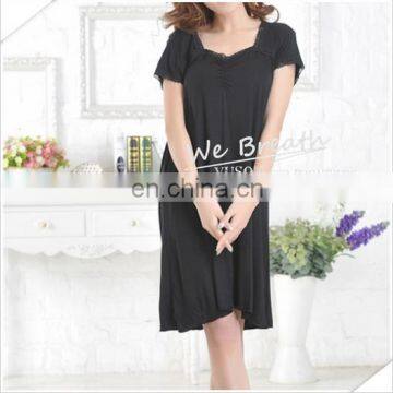 Lace Trim Square Neck Short Sleeves Bamboo Sleep Gown Solid Colors photo-4