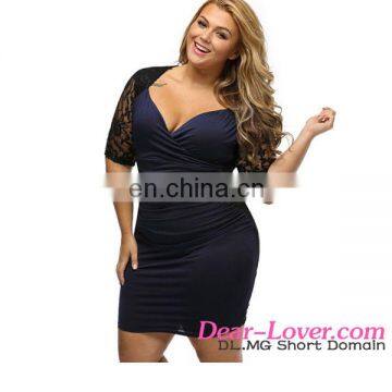 2017 New Design Cheap Black Blue Ruched Lace Illusion Fashion Women Plus Size Dresses