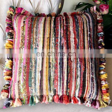 24" Latest Decorative Cushion Cover Pillow Throw Cover Boho Indian Latest Chindi Rag Cushion Cover