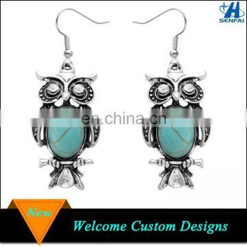 Jewelry Wholesale China Fancy Antique Silver Owl Drop Earring with Turquoise