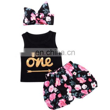 Sleeveless alphabet letter baby girls clothing sets kids clothes in china