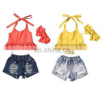 Summer Toddler Kid Baby Girl Clothes Strap Top Holey Denim Shorts Headband 3Pcs Outfit Set