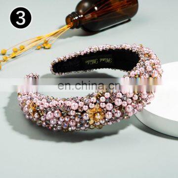 Fashionable Thick Sponge Gold Velvet Hairpin Fabric Handmade Beaded Hairband Women Inlaid Pearl Flower Hairband Women