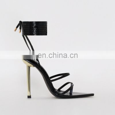 Snake print black color lace up design women high heel sandals heels shoes