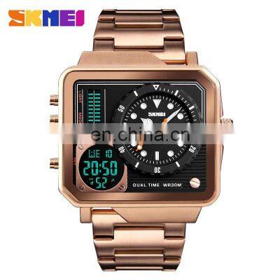 Fashion Luxury Quartz Wristwatch Skmei 1392 Top Selling 3ATM Waterproof Stainless Steel Square Dial Dual Time Watches