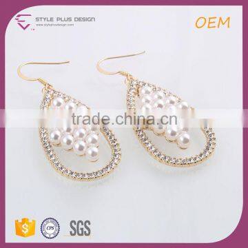E78066I01 STYLE PLUS shiny gold plate latest pearl design hanging earrings waterdrop shape crystal diamond around earrings