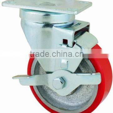 22 Series Double Ball Raceway Structure Top Plate Swivel Red PU on Cast Iron Caster With Side Brake