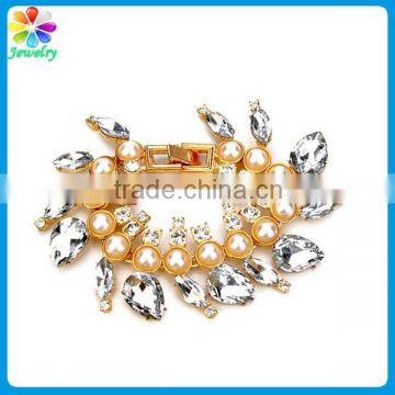 China accessory jewelry pearls crystals gem gold bracelet yellow mesh bracelet