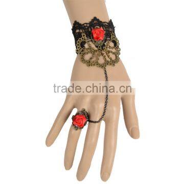 Charm Fashion Women Red Rose Flower Black Lace Bracelet Alloy Chain Ring