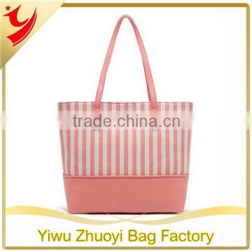 High Quality Canvas and PU Strip Print Beach Tote Bags for Travel