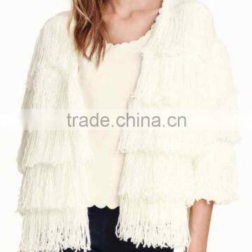 Ladies' Dolman Sleeve Cardigan no Button Knitted Sweater With Hand Crochet Fringe Novelty Products for Sell