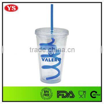 16oz Bpa Free Double Wall Plastic Cup With Spiral Straw
