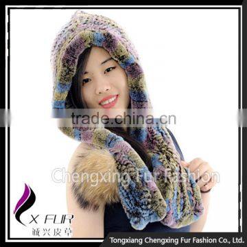 CX-C-242G Women Fashion Knitted Fur Hooded Scarf Rex Rabbit Fur Hat photo-3