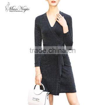 Women deep v-neck sexy nighty dress korean office dress casual one piece dress xxl black