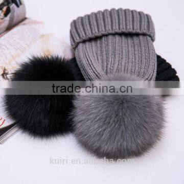 Factory Supply 14cm Fox Fur Ball Cap Pom Poms Winter Hat for Women Girl 's Wool Hat Knitted Cotton Beanies Cap Brand New Design photo-3