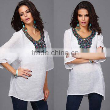 Hotsale O-neck Printed Retro Vintage Bohemian Loose Casual Chiffon Shirts Blouse Top Clothing for Women photo-2