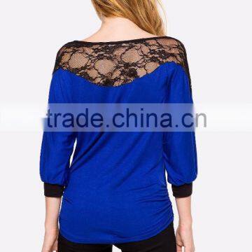 3/4Sleeve Contrast Trims Lacey Yoke Lady Blouses for Women Summer 2015 photo-5