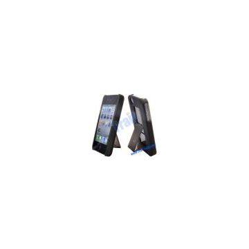 Raised Grain Plastic Hard Case for iPhone 4 with Holder Function(Brown)