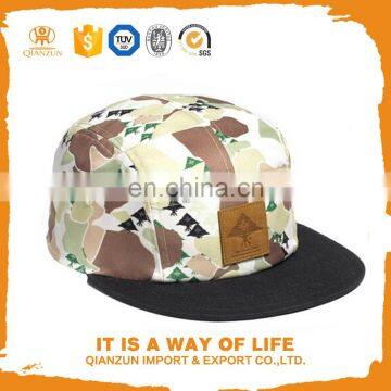 qianzun hot sell 5 panel hat, leather patch logo 5 panel hats and caps, print 5 panel hat