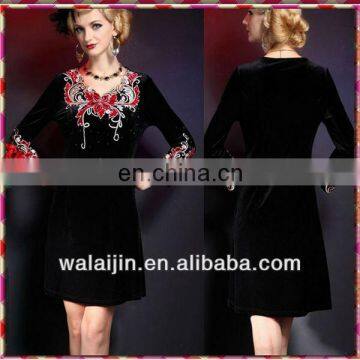 Elegant Office Ladies Embroidred Velvet Dress
