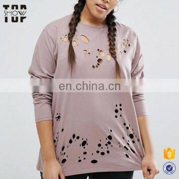 China womens long sleeve t-shirts women custom with distressed longline t-shirt