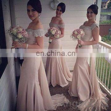 Custom Made Glamorous Champagne Off-The-Shoulder Beaded Mermaid Satin Ribbon Bridesmaid Dress