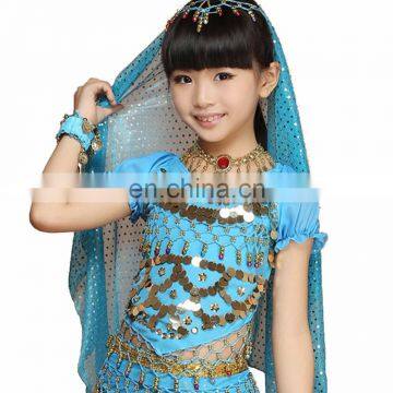 Belly Dance top dance Costume Kid's girl's children beads coins top Shining chiffon latest short sleeve top Shining Net yarn top