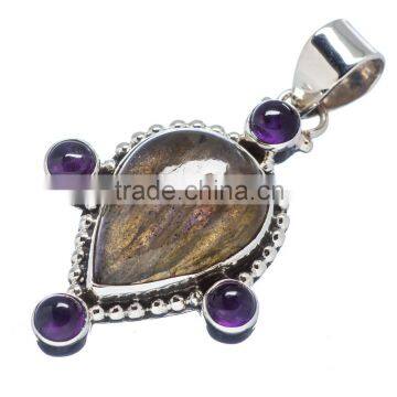 925 SOLID STERLING FINE SILVER LABRADORITE & AMETHYST PENDANT