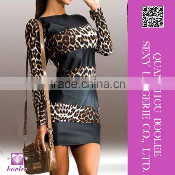 New Autumn Women Leopard Print Club Sexy Dress Patchwork PU Leather Long Sleeve O Neck Dress