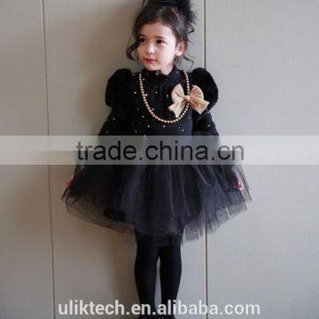 OEM ODM 2015 spring girls dress retro style black and white princess skirt long sleeve princess dress with necklace