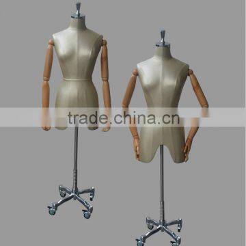 upper half body female mannequin with artificial leather and wooden arms