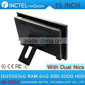 Hottest windows8.1 all in one computer with 5 wire Gtouch 15 inch LED touch Dual 1000Mbps Nics 4G RAM 64G SSD 500G HDD