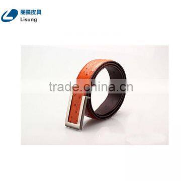 Press Buckle Genuine Ostrich Cowhide Leather Mens Waist Belt