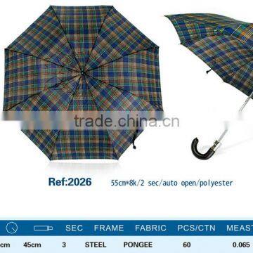 Automatic Chequer Pattern Plastic J Handle Portable Rain Umbrella Compact Umbrella