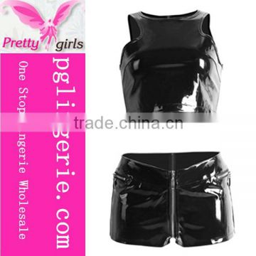 Hot Leather Set sexy tight Brilliant black pvc leather corset Short Style Tops and Pants