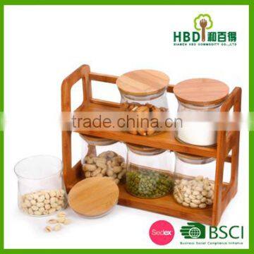 Food grade airtight design 6pcs glass canister set with bamboo rack