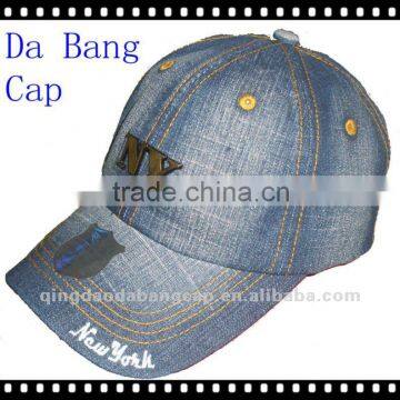 Fashional jean prewashed denim 6 panel baseball cap with metal decoration