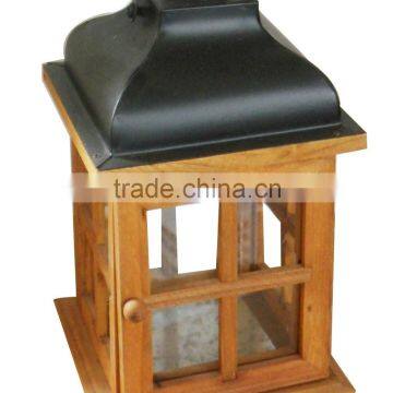 European Style Wooden Lantern With Metal Top Candle Holder photo-4