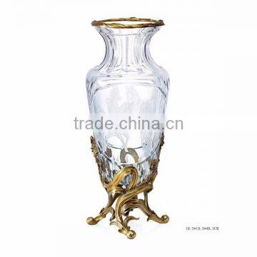 Bronze Casting Leaves Design Crystal Flower Vase, Home Decorative Square Crystal Vase With Gilt Bronz Base photo-2