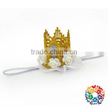Newborn Toddler Girls Elastic Band Pink Flower Gold Princess Crown Headband photo-2