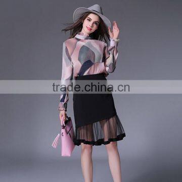 Newest preppy style women formal office dress reglan sleeve color combination office dress