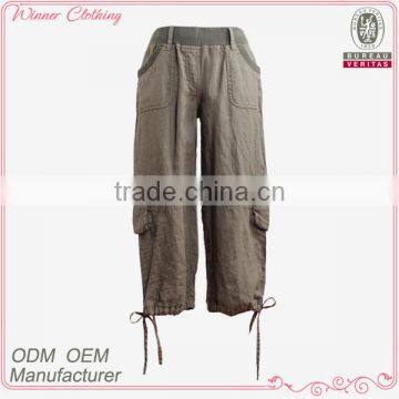 Wide waist band big pocket loose fitting drawstring embellished linen cargo pants