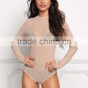 MGOO Custom Minimalist Khaki Mesh Sexy Tops For Ladies Long Sleeves Boat Neck Nylon Spandex Bodysuits photo-2