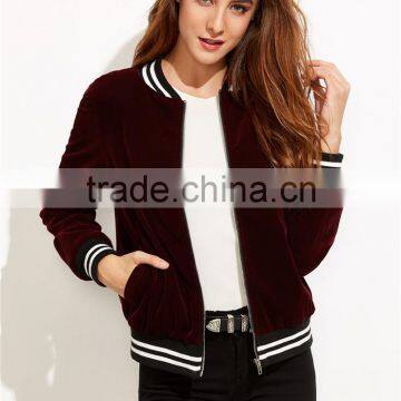 MGOO Women Burgundy Velvet Bomber Jacket With Striped Trim Plain Baseball Jacket Zipper Closure photo-3