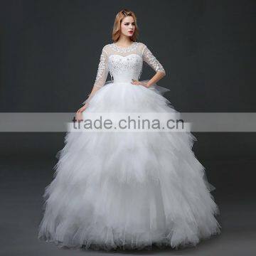 MGOO New Designs 2017 Sheer Neck 3/4 Long Sleeves Women Wedding Dress Ball Gown Embroidery Floor Length Dress photo-2