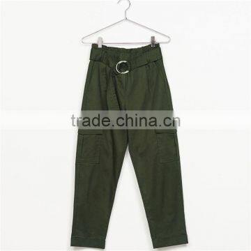 Green Twill Cargo Pants Womens Cropped Trousers With Belt and Buckle photo-6