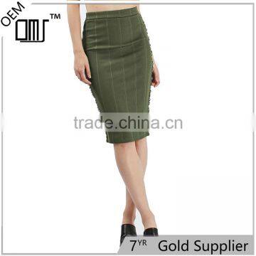 2017 OEM Ladies Fashion Midi Tube Khaki Skirt with Side Metal Detrails