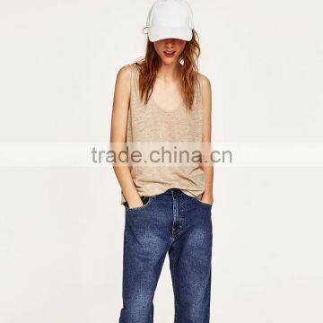 Summer Loose Fit Round Neckline Sleeveless Wide Straps Vest Women Linen Tank Tops photo-2